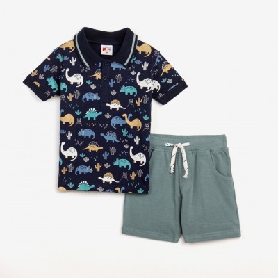 Παιδικό σετ κοντομάνικη μπλούζα πόλο-βερμούδα για αγόρι πικέ μπλέ allover/τοπάζ 124-393103-1 Funky