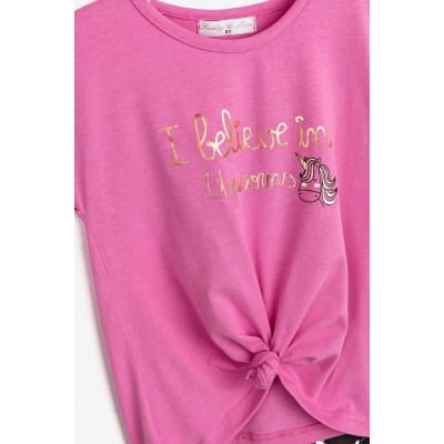 Παιδική μπλούζα κοντομάνικη-κολάν κάπρι για κορίτσι τριανταφυλλί/ανθρακί allover 124-720101-2 Funky